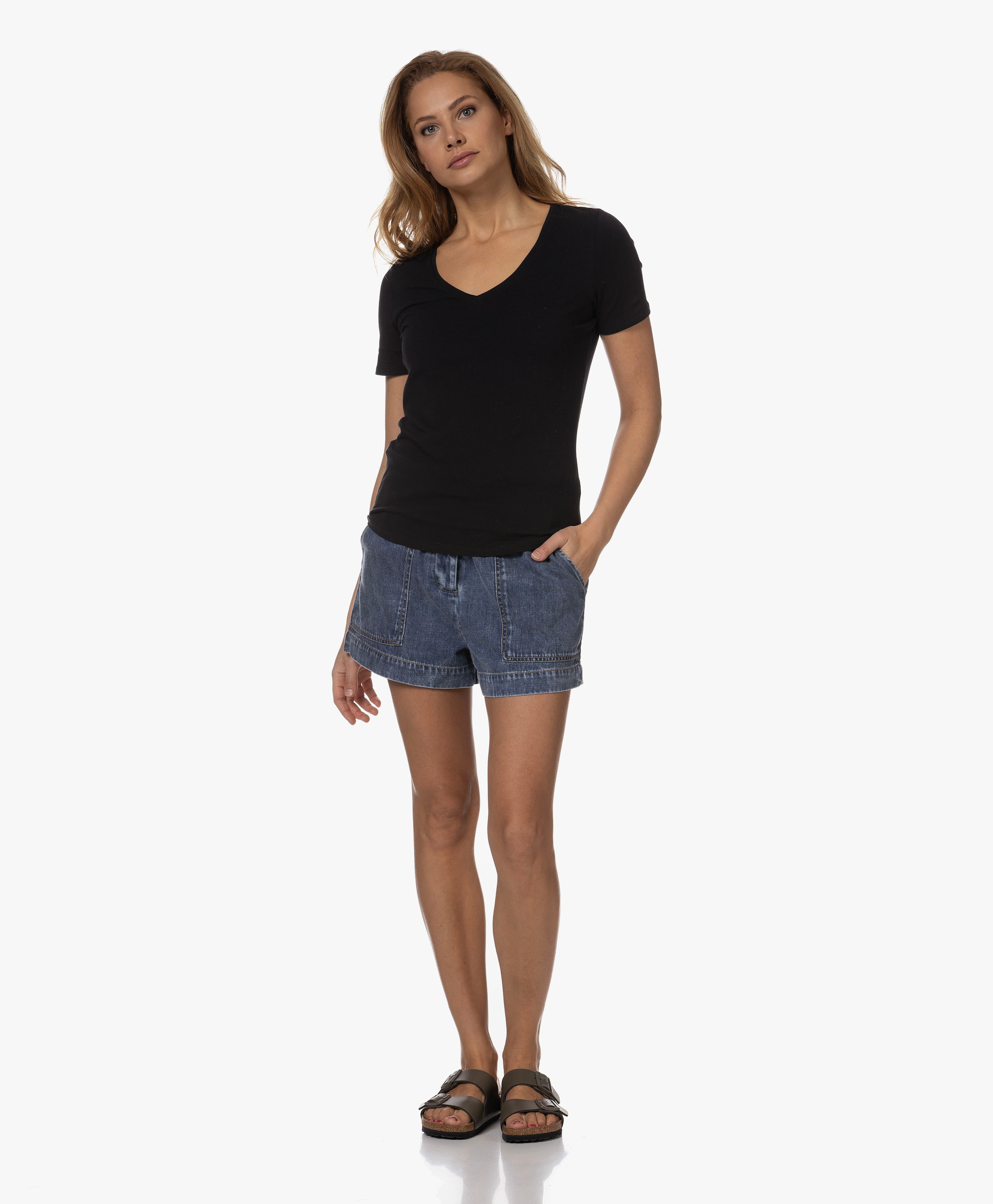Stretch Katoenen V-hals T-shirt