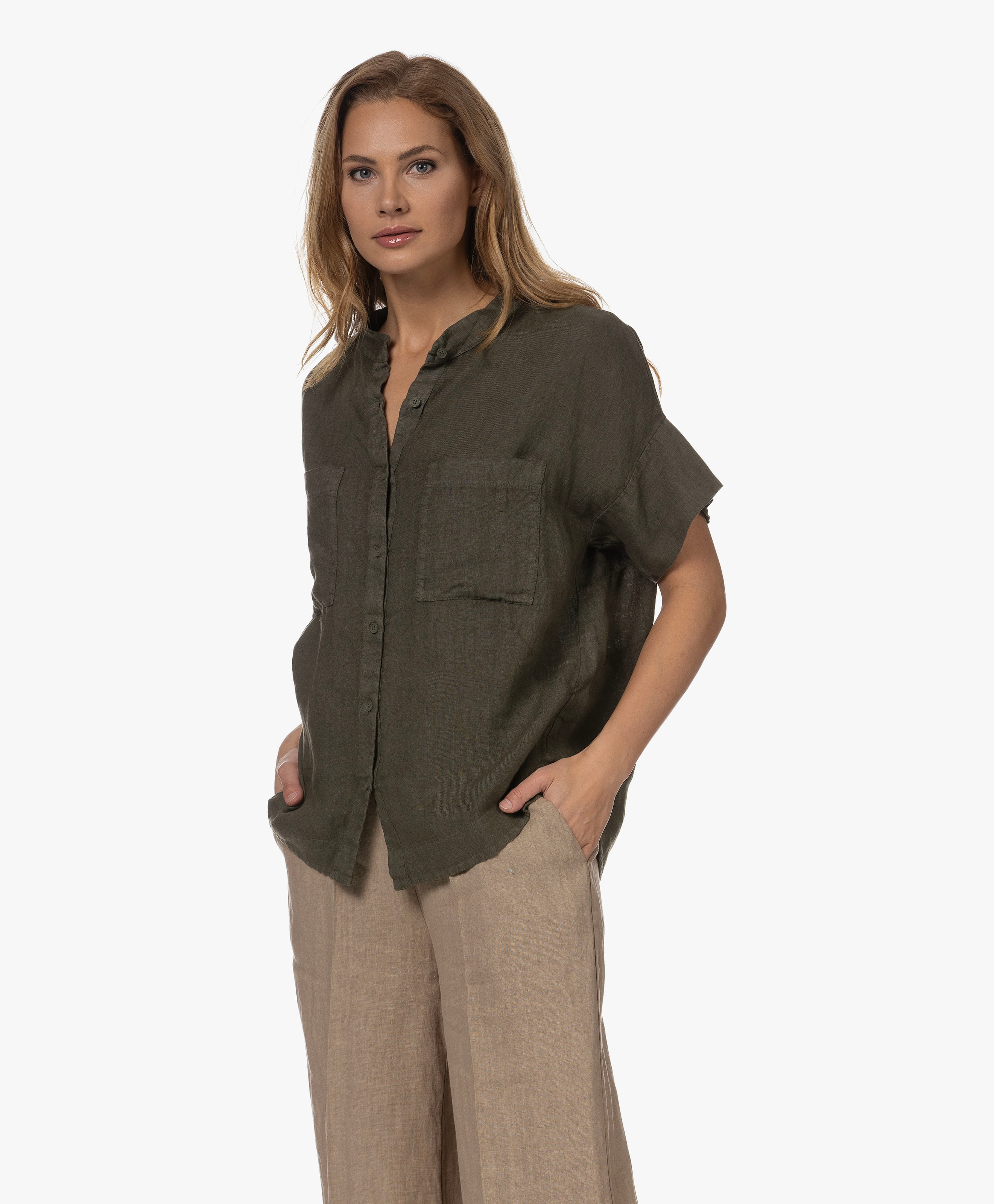 Linnen Blouse met Mao Kraag