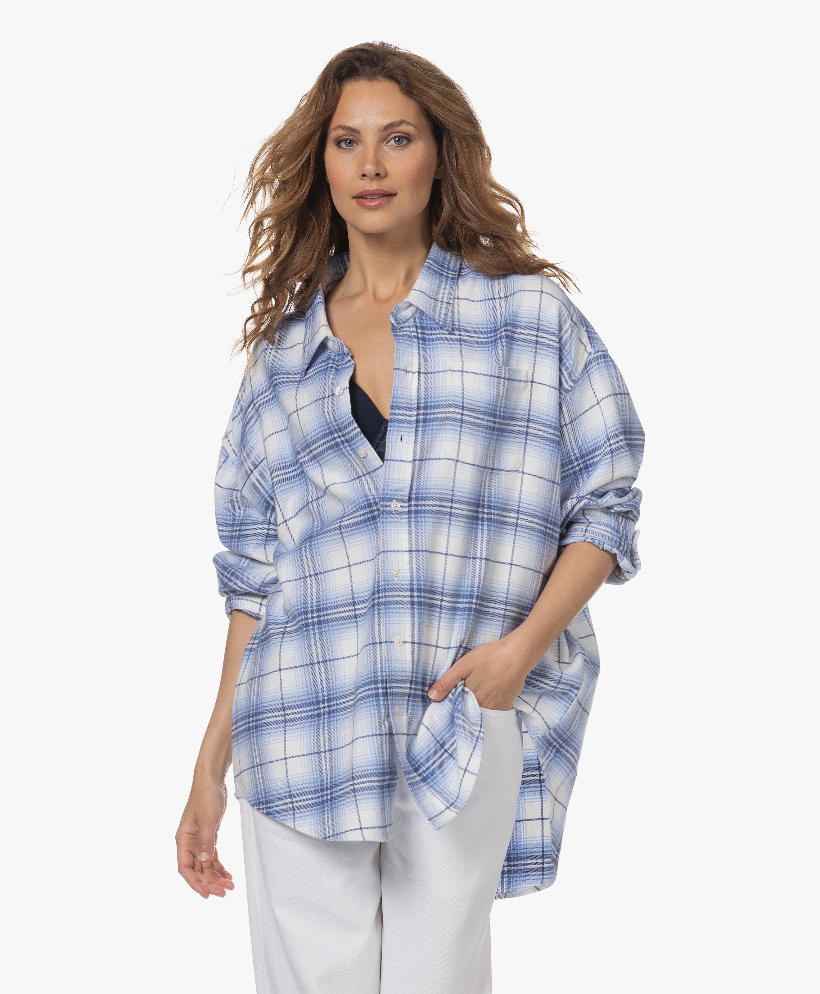 Oversized Shirt Blouse with Check Pattern