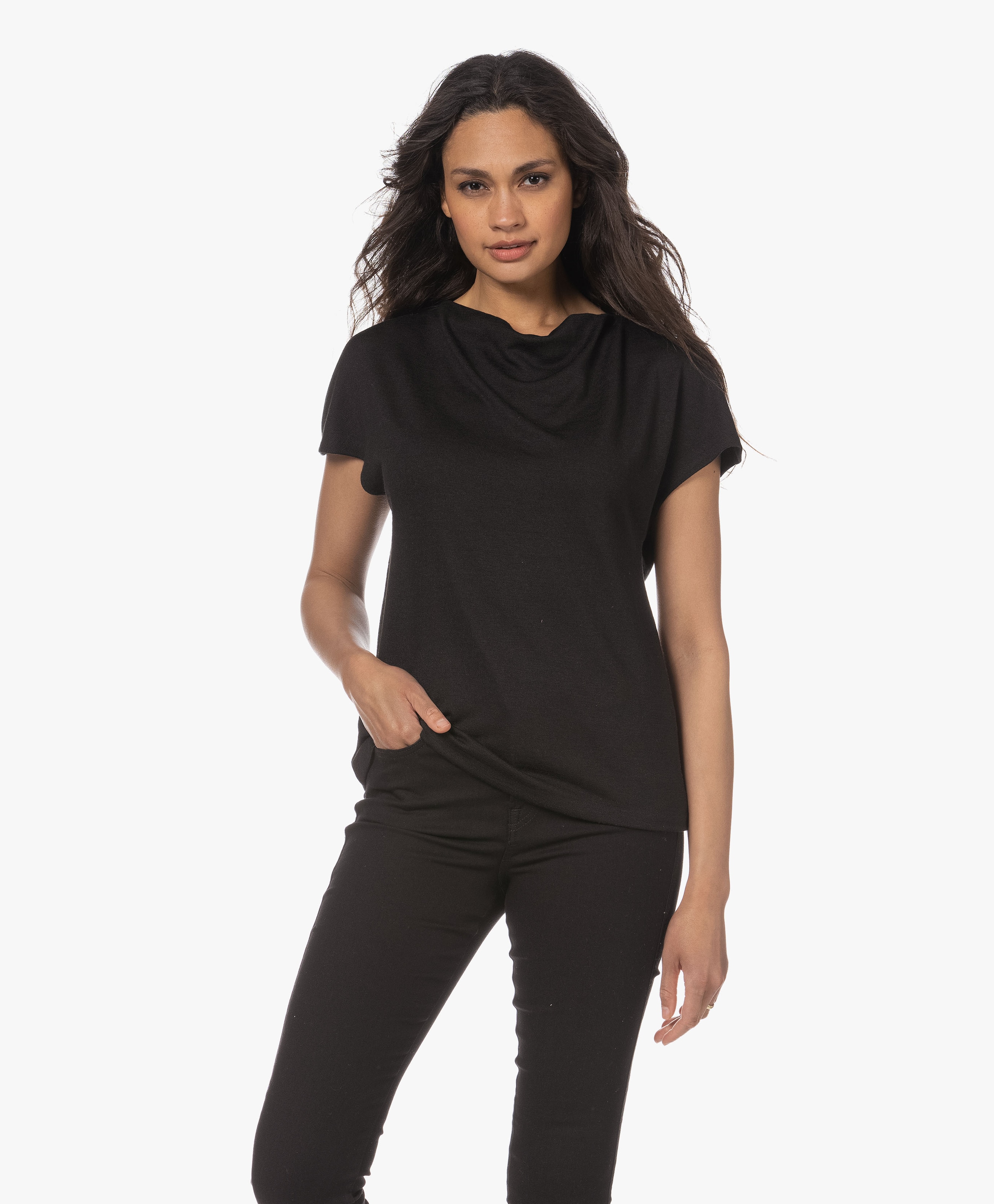 Linen Blend T-shirt with Draped Neckline