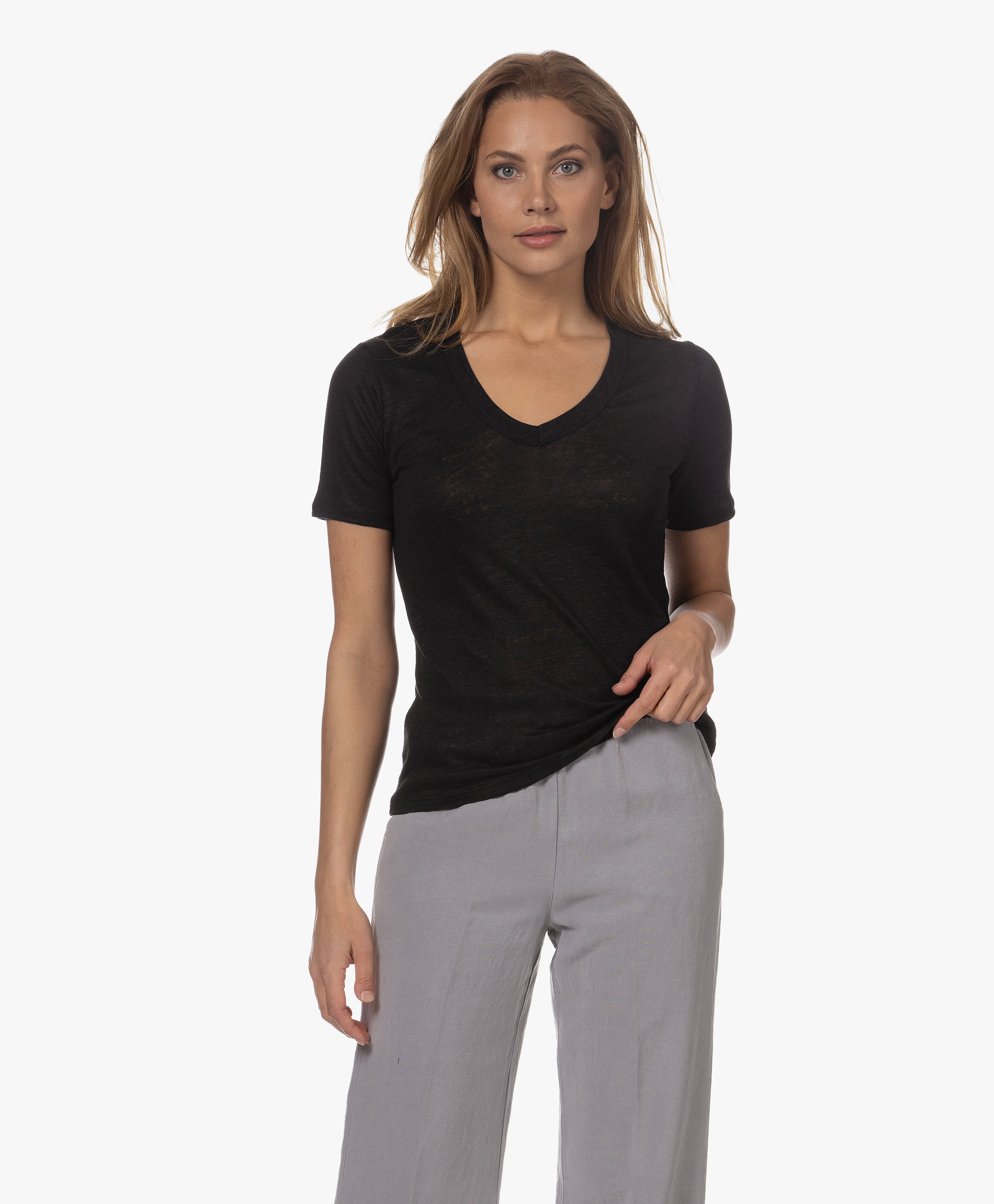 Linnen V-hals Korte Mouwen T-shirt