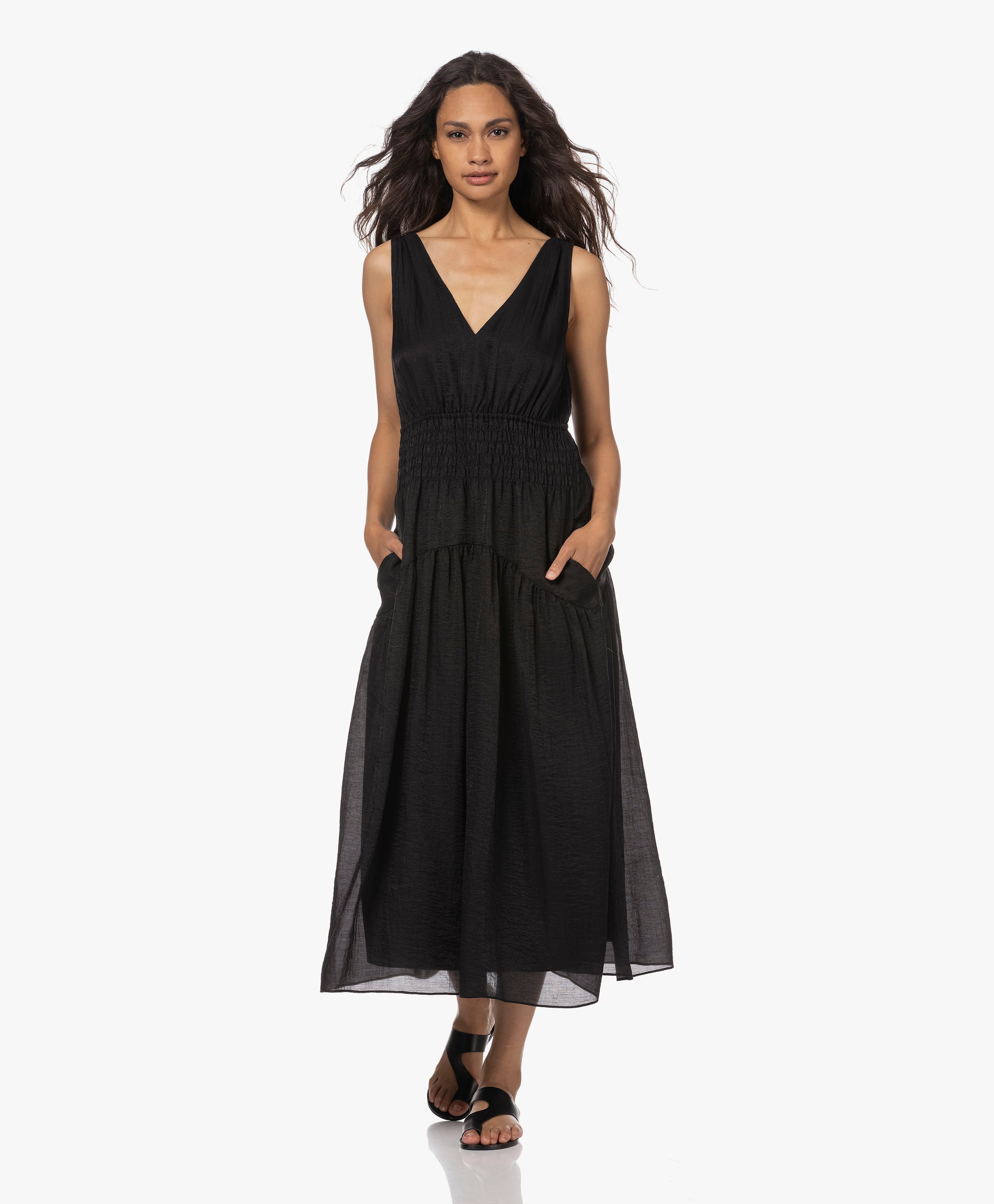 Smocked Maxi Dress with V-neck