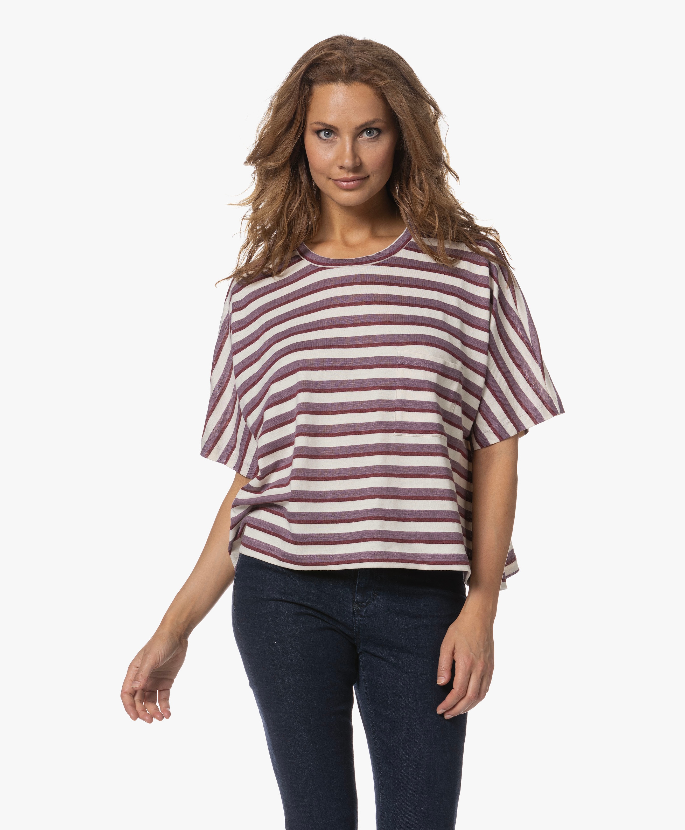 Gestreept Linnen-Katoenmix R-hals T-shirt