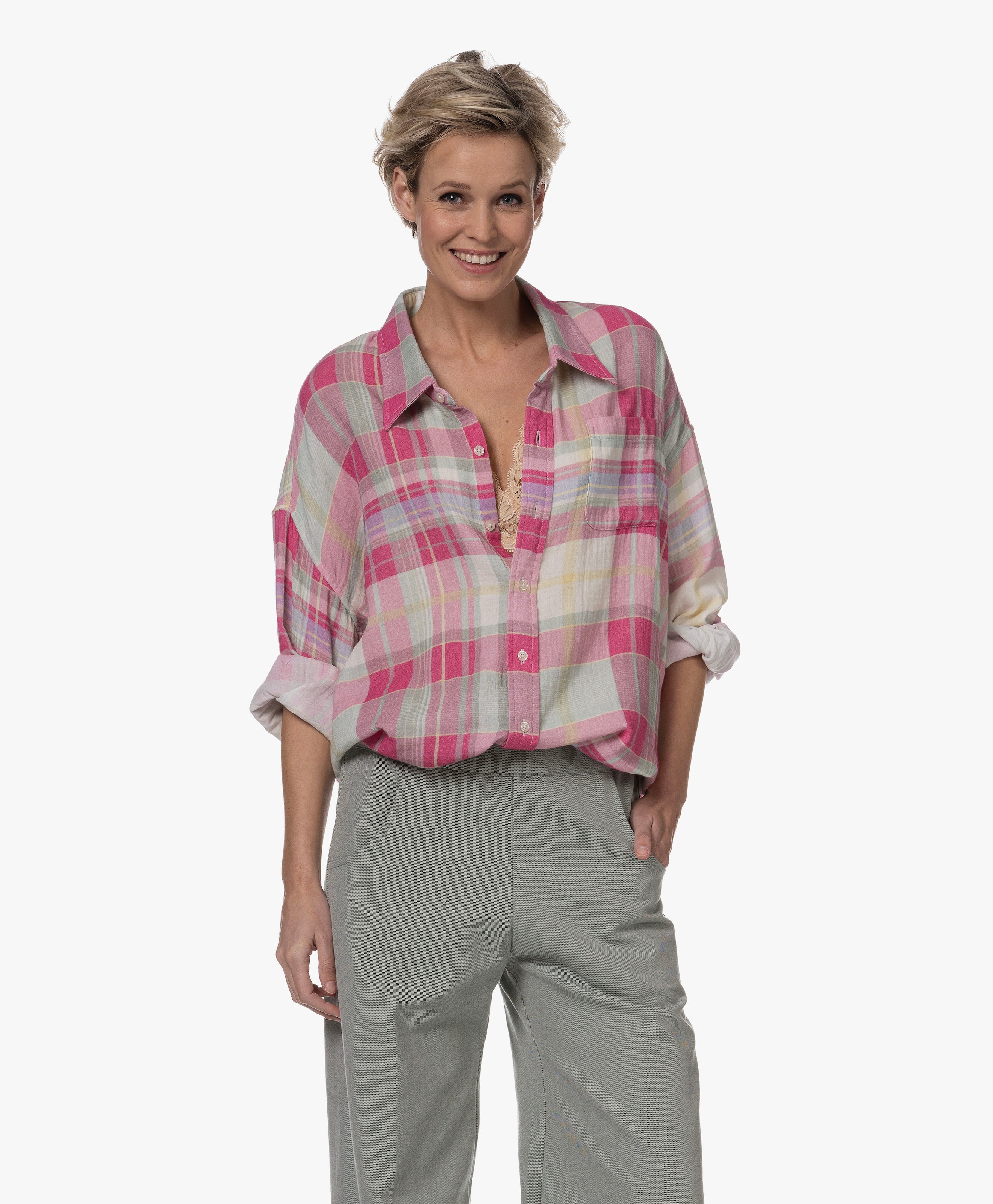 Oversized Shirt Blouse with Check Pattern