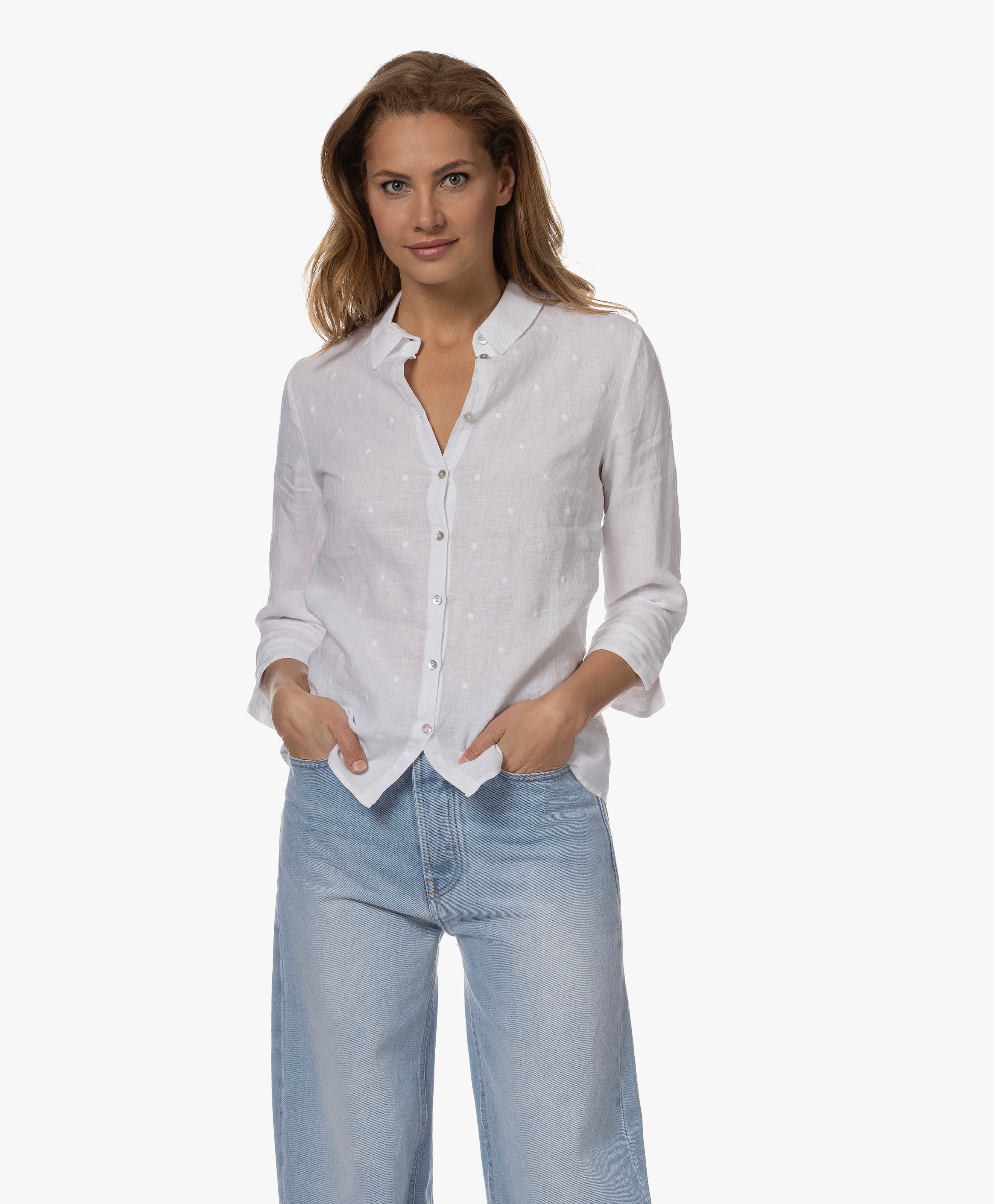 Bianco Geborduurde Linnen Blouse