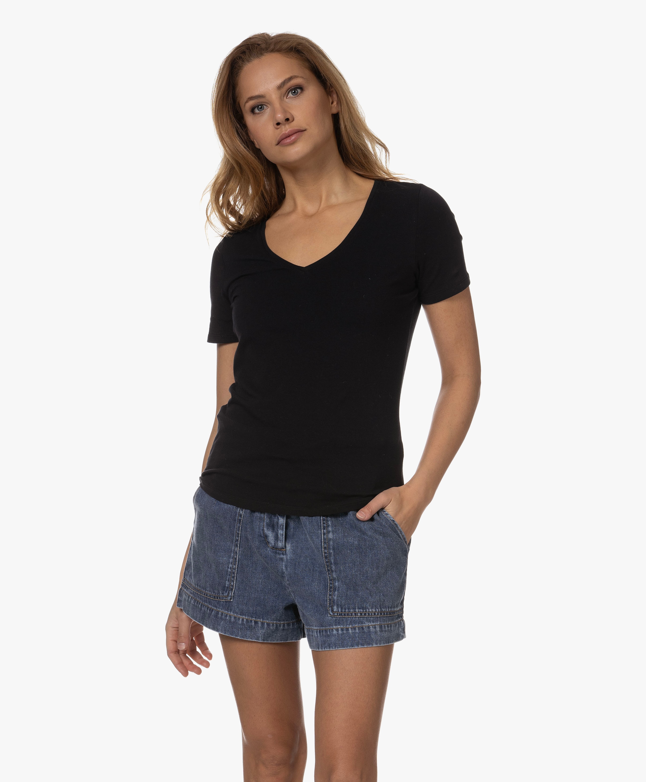 Stretch Katoenen V-hals T-shirt